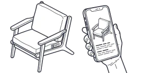 Armchair with a Digital Product Passport tag, scanned by a smartphone that shows the passport