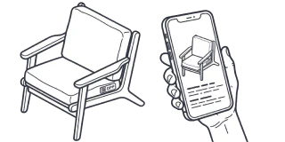 Armchair with a Digital Product Passport tag, scanned by a smartphone that shows the passport