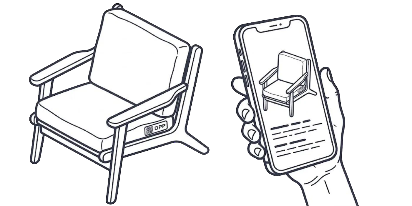 Sessel mit Etikett für den Digitalen Produktpass, gescannt mit einem Smartphone, das den Produktpass anzeigt