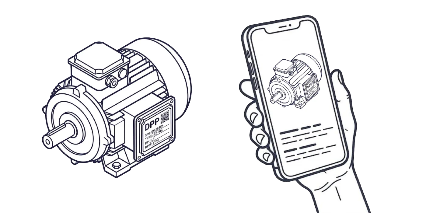Elektromotor mit Typenschild und Digitalem Produktpass, gescannt von einem Smartphone, das den Produktpass zeigt