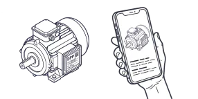 Electric motor with a Digital Product Passport nameplate, next to a smartphone showing the motor's passport