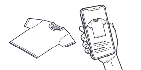T-shirt with a Digital Product Passport care label, next to a smartphone showing the garment's passport