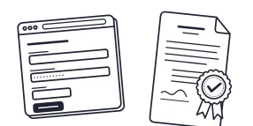 Browser window with a sign-up form, an arrow, and a declaration document with a seal and ribbons
