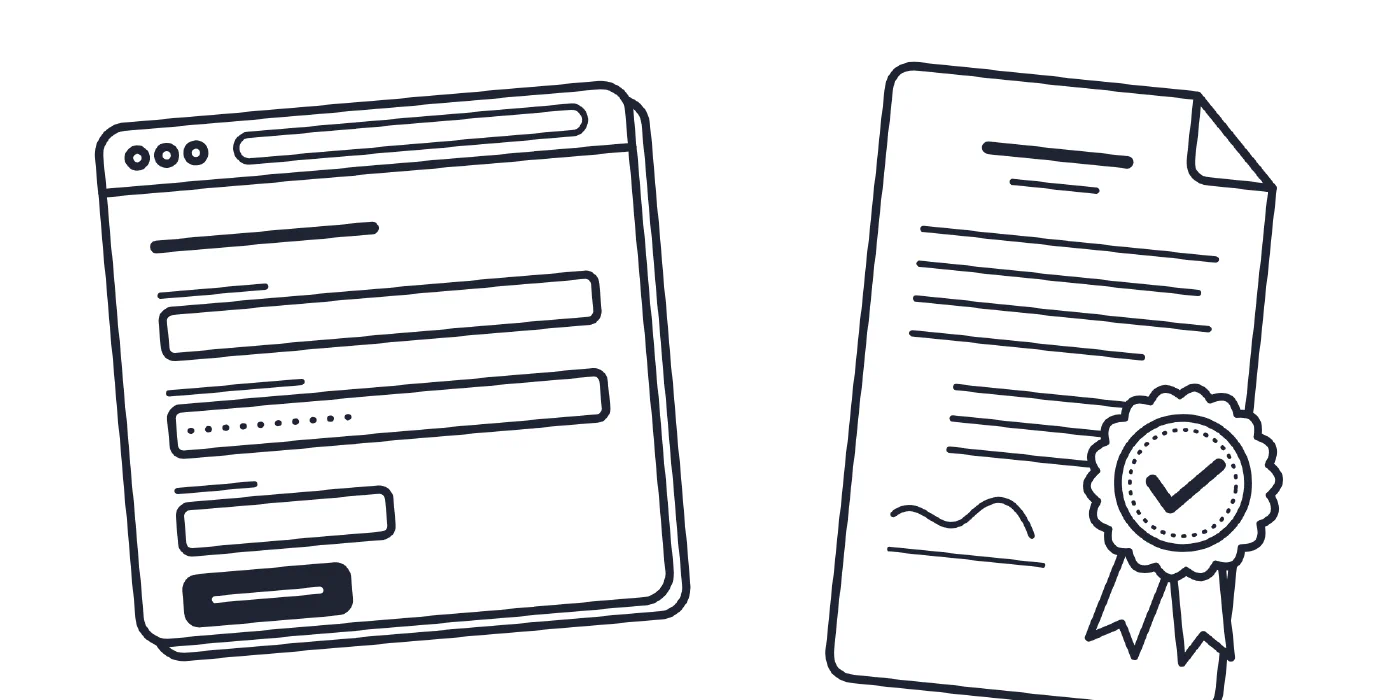 Browser window with a sign-up form, an arrow, and a declaration document with a seal and ribbons