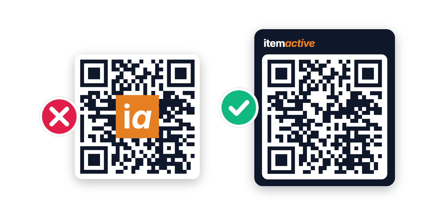 Comparison between a QR code with a damaged centre logo overlay and a clean QR code with its branding placed around it, outside the quiet zone