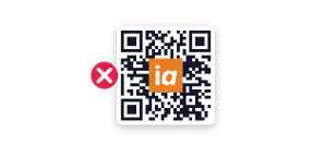 A QR code with a logo placed over its centre, marked as the wrong way to brand a QR code
