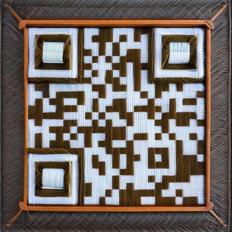 AI-generated QR code styled as brown and white woven thread inside a wooden frame