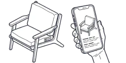 Armchair with a Digital Product Passport tag, scanned by a smartphone that shows the passport