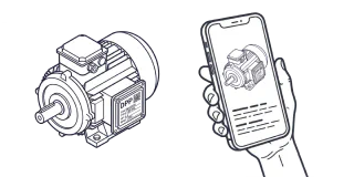Electric motor with a Digital Product Passport nameplate, next to a smartphone showing the motor's passport