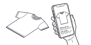 T-shirt with a Digital Product Passport care label, next to a smartphone showing the garment's passport