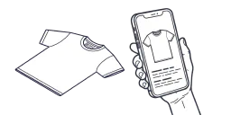 T-shirt with a Digital Product Passport care label, next to a smartphone showing the garment's passport