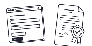 Browser window with a sign-up form, an arrow, and a declaration document with a seal and ribbons