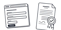 Browser window with a sign-up form, an arrow, and a declaration document with a seal and ribbons
