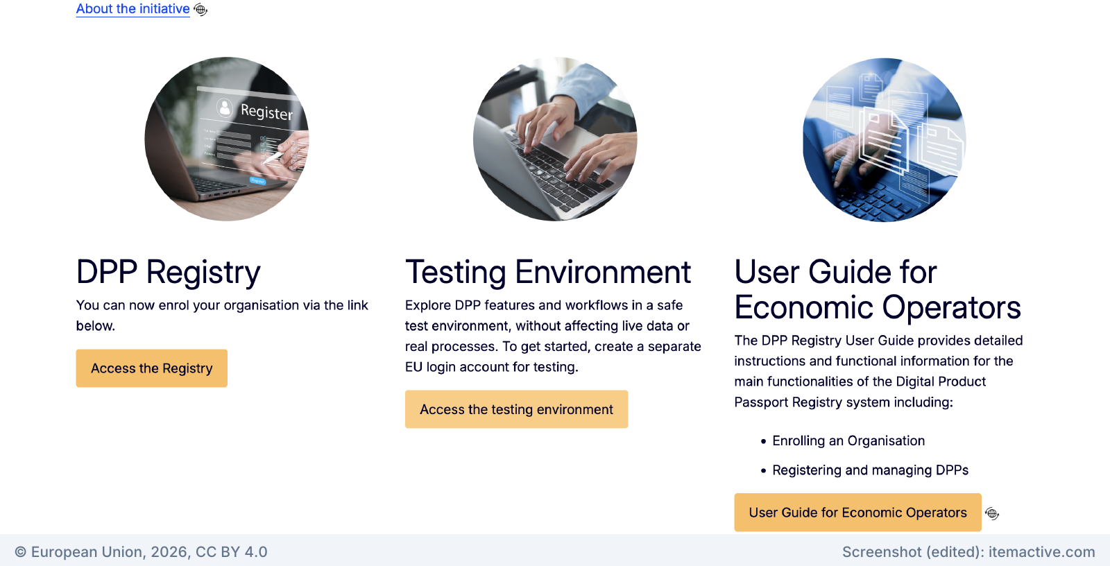 European Commission DPP Registry page with three cards: DPP Registry, Testing Environment and User Guide for Economic Operators