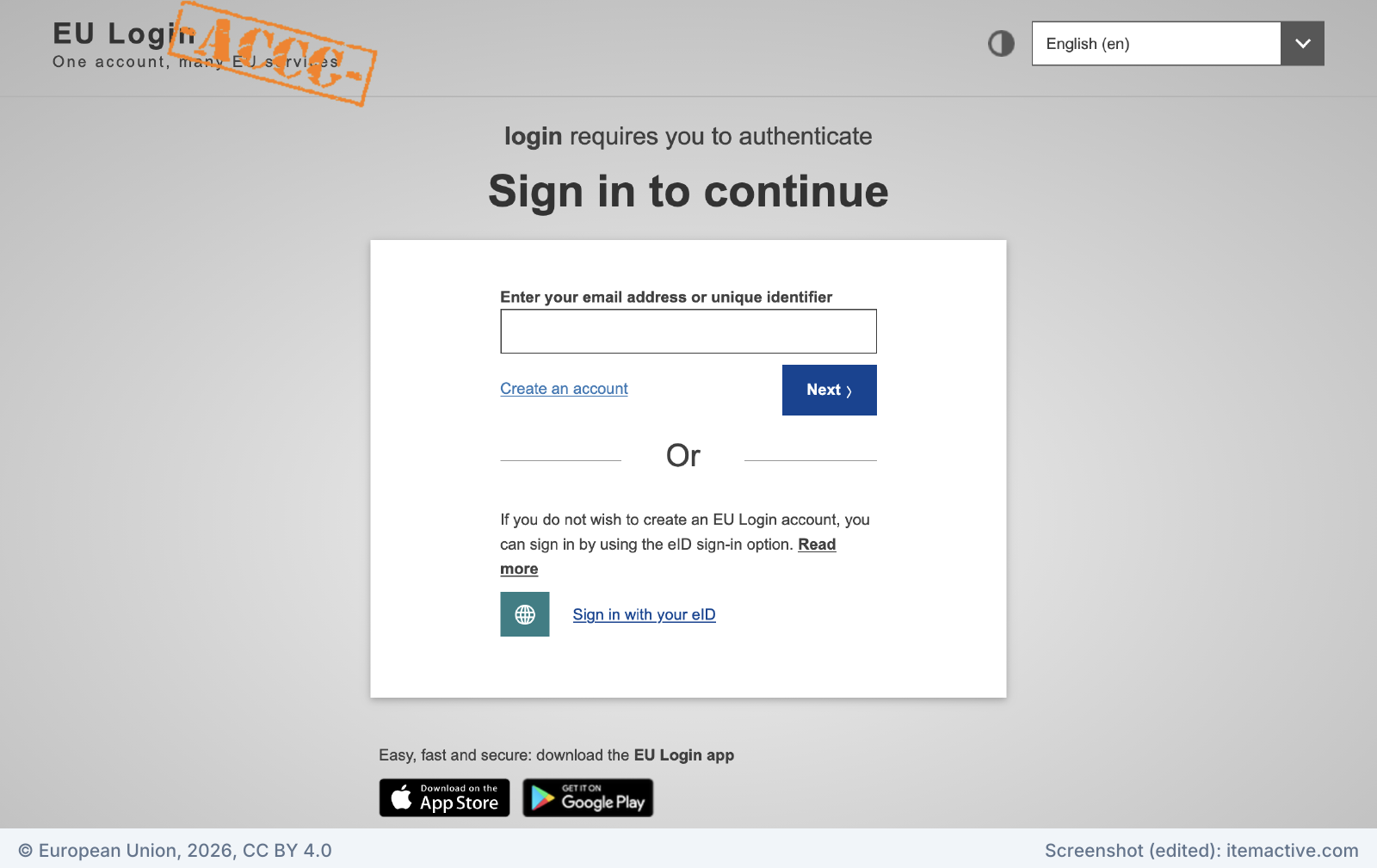 EU Login sign-in page of the acceptance environment with an email field, a Create an account link and an option to sign in with eID