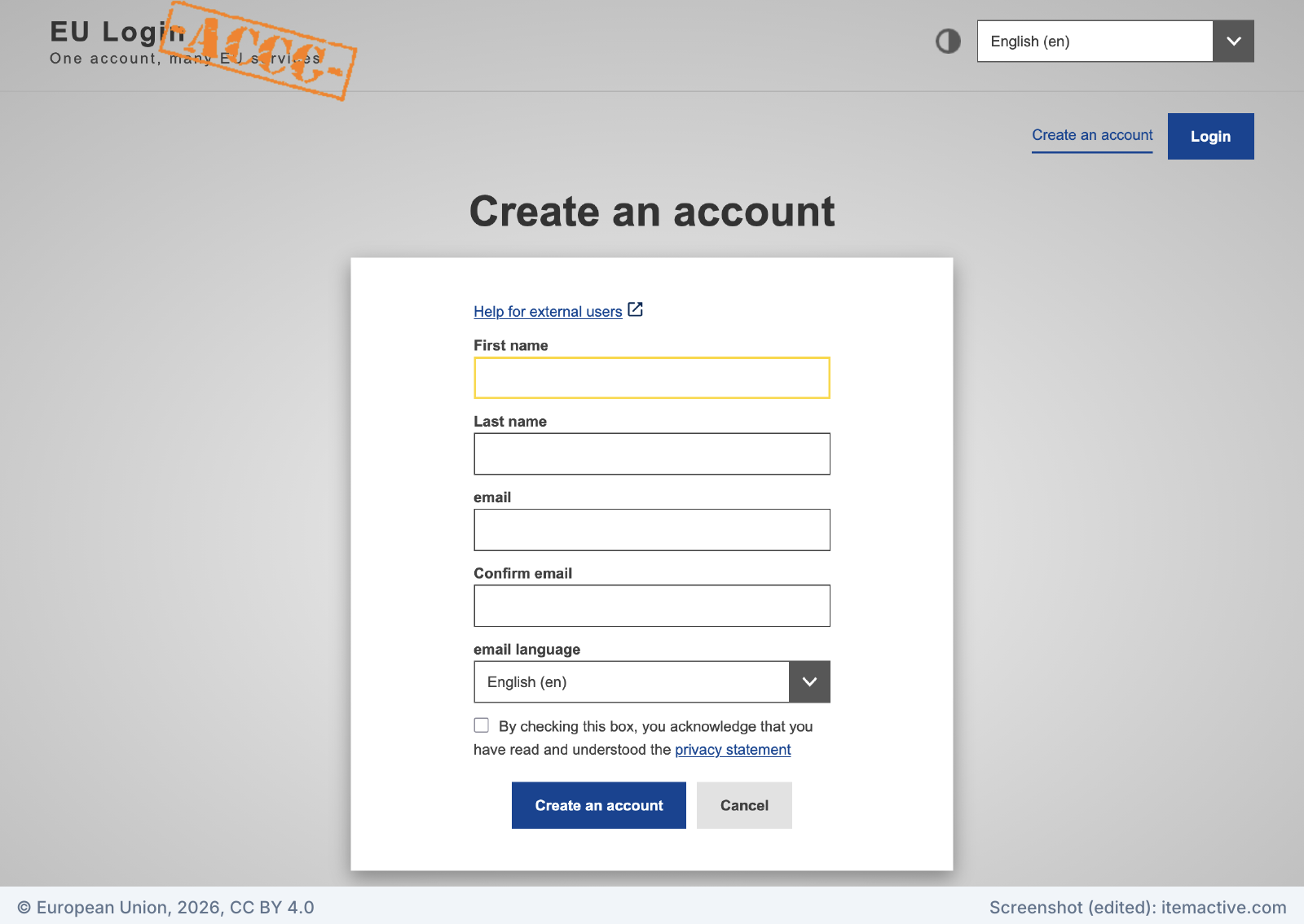 EU Login Create an account form with fields for first name, last name, email, confirm email and email language