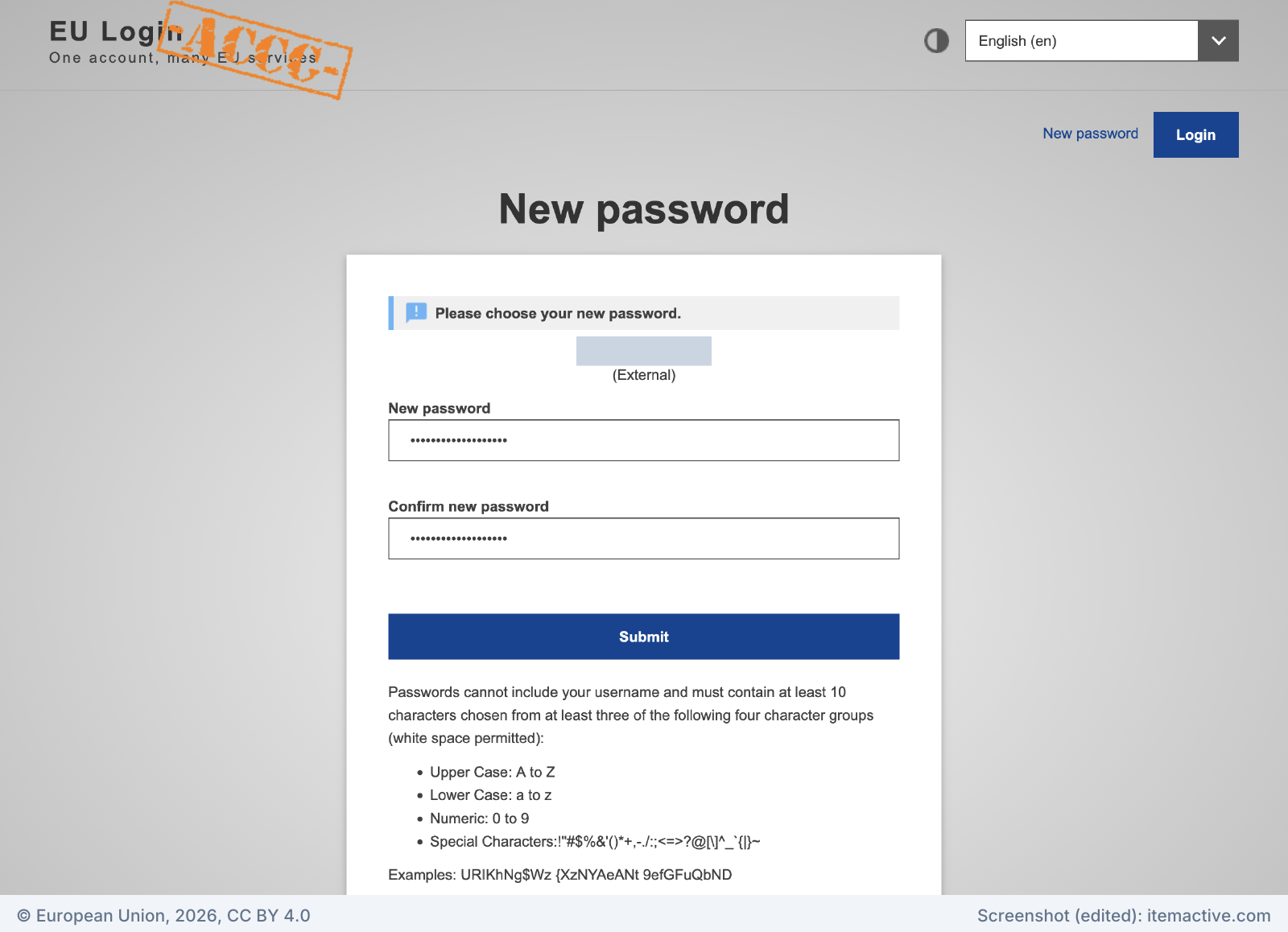 EU Login New password page with the password rules listed below the form