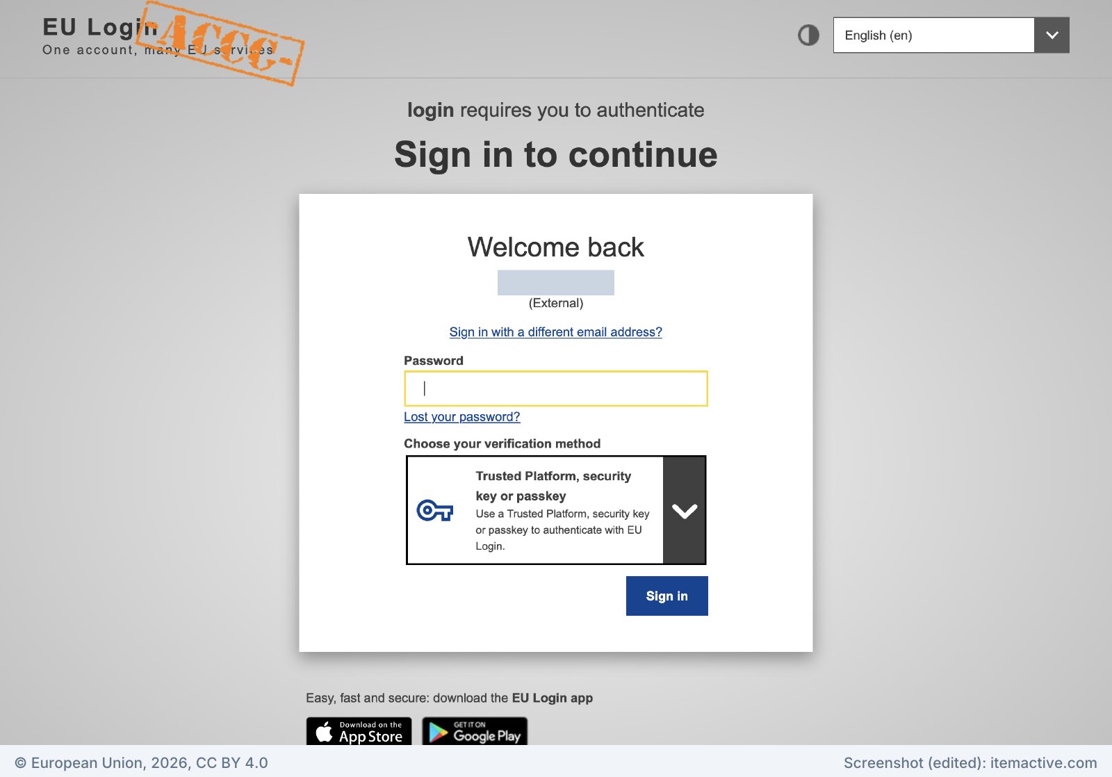 EU Login sign-in page with a password field and the verification method preset to Trusted Platform, security key or passkey