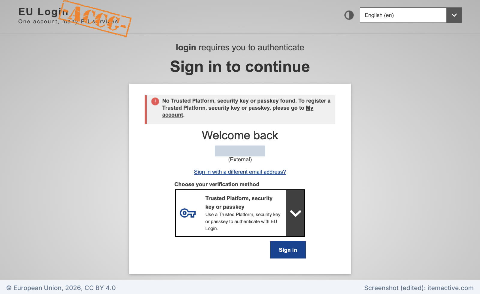 EU Login error: No Trusted Platform, security key or passkey found. To register one, please go to My account