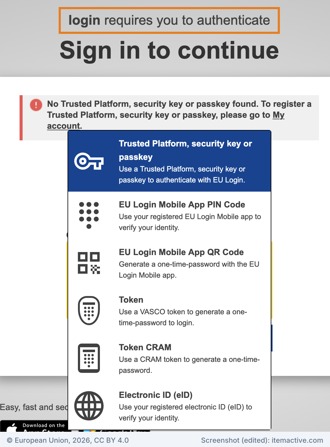 EU Login sign-in for the Registry: the line login requires you to authenticate above the heading, and a method list of passkey, mobile app PIN code, mobile app QR code, token, token CRAM and electronic ID, without a password option