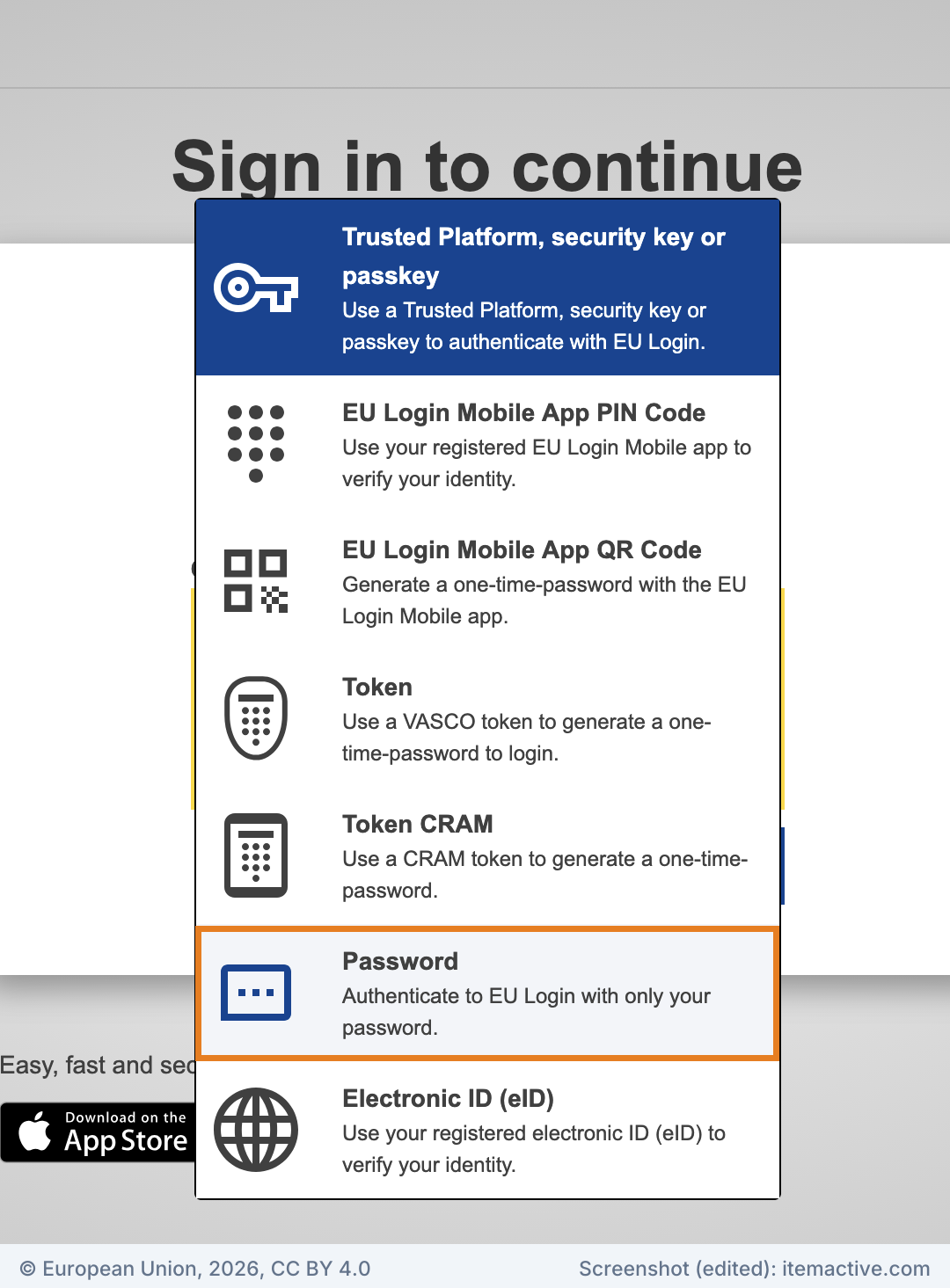 EU Login's own sign-in page: no line above the heading, and the method list includes the option Password