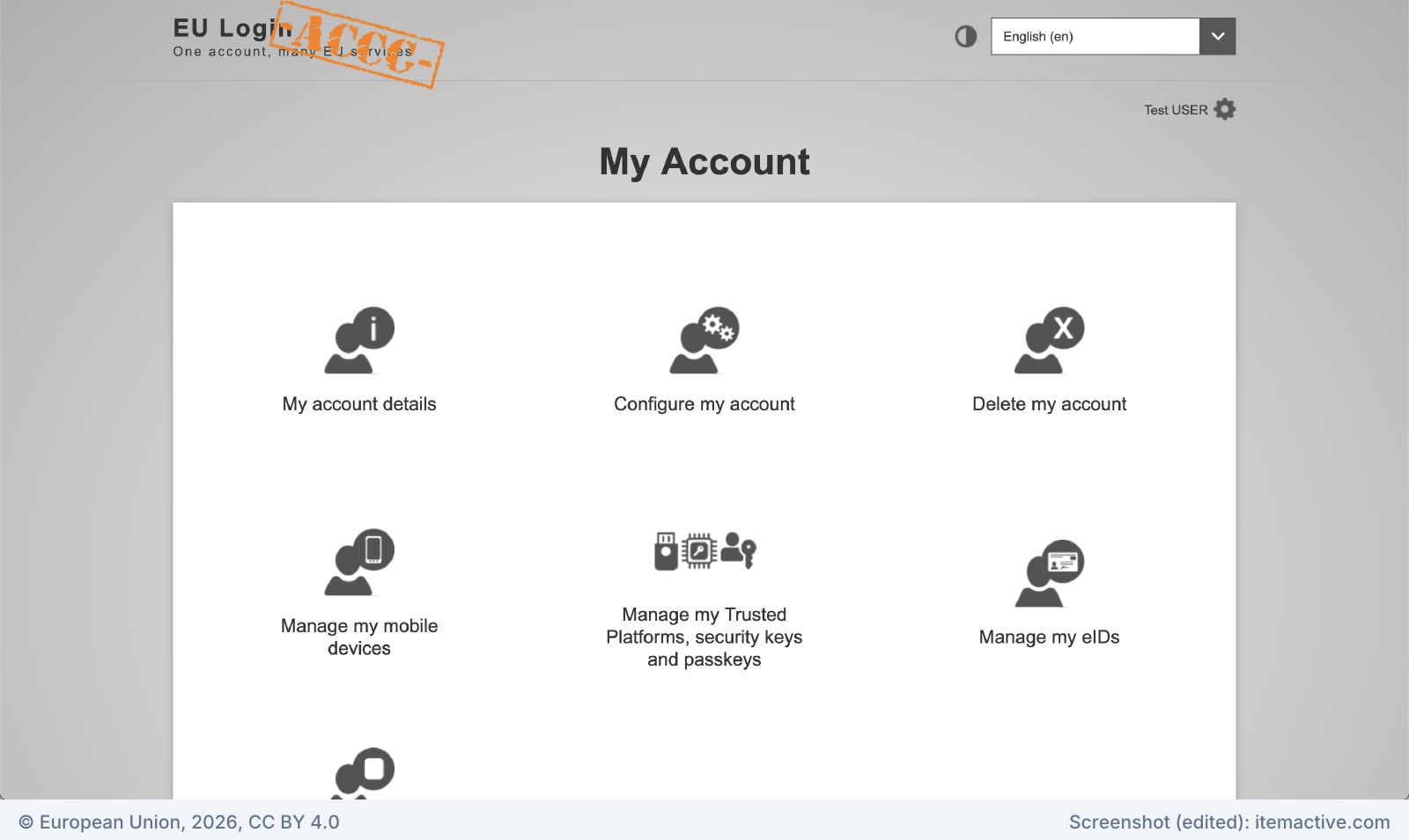 EU Login My Account page with tiles for account details, configuration, mobile devices, Trusted Platforms and passkeys, and eIDs
