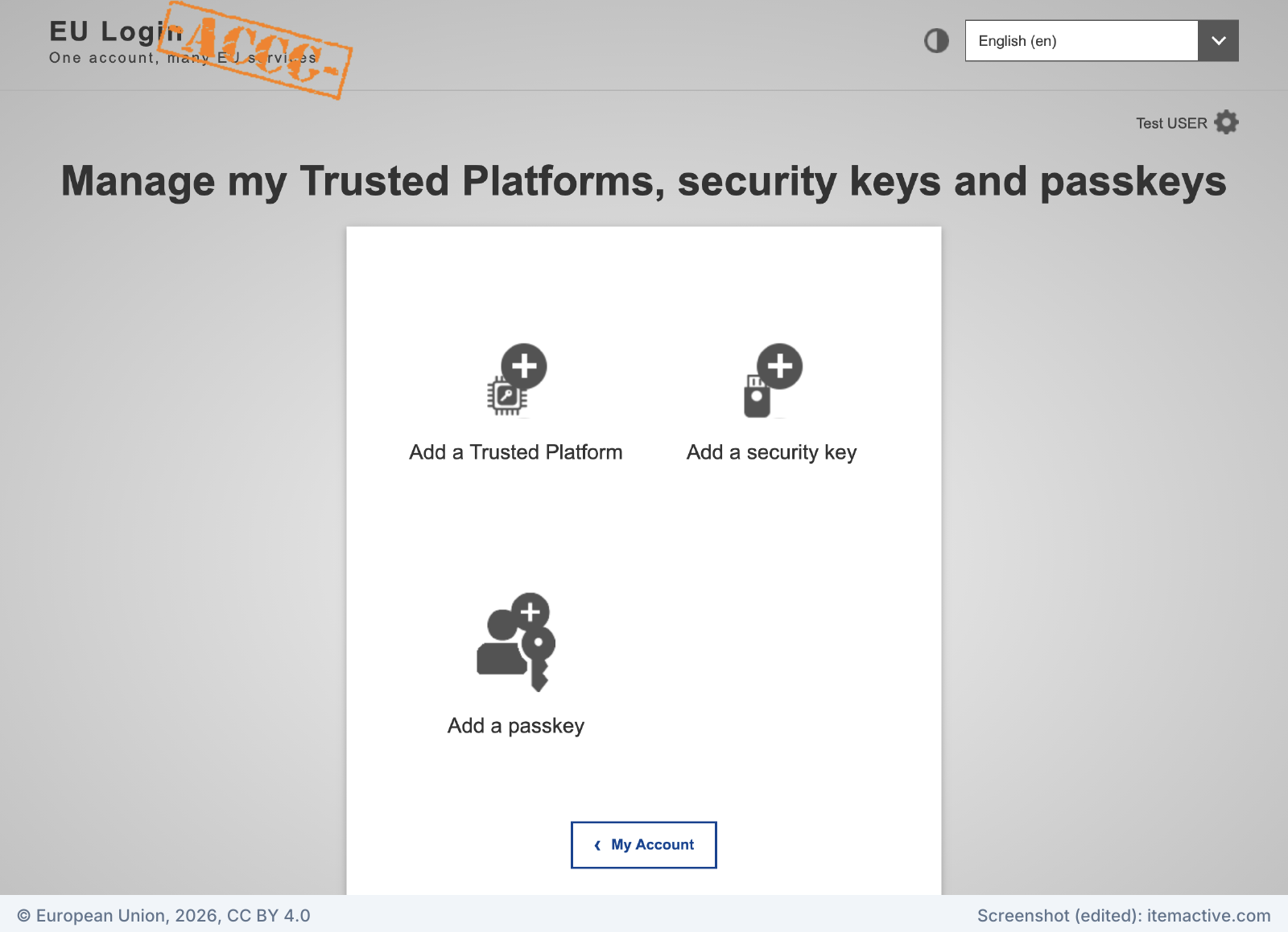 Manage my Trusted Platforms, security keys and passkeys page with options to add a Trusted Platform, a security key or a passkey