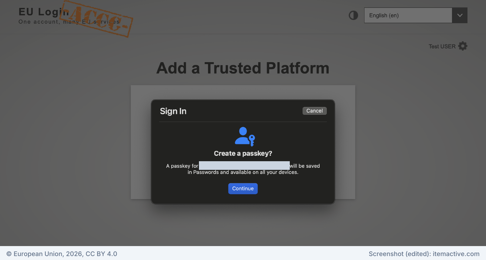 Create a passkey dialog of the operating system with a Continue button