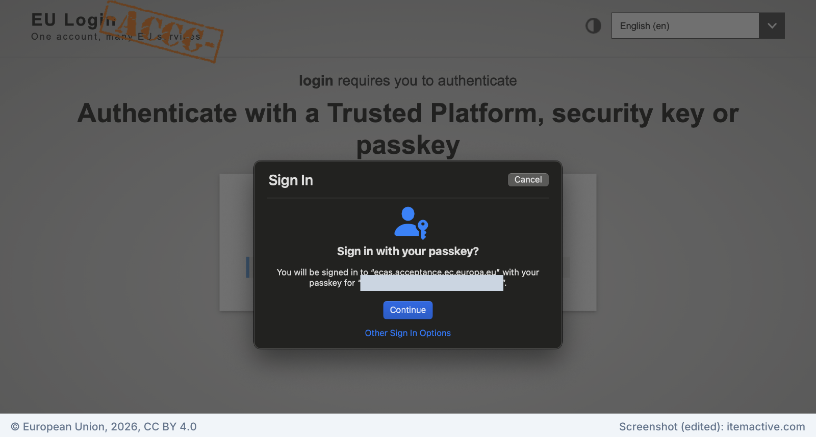 Sign in with your passkey dialog on the EU Login page, with a Continue button