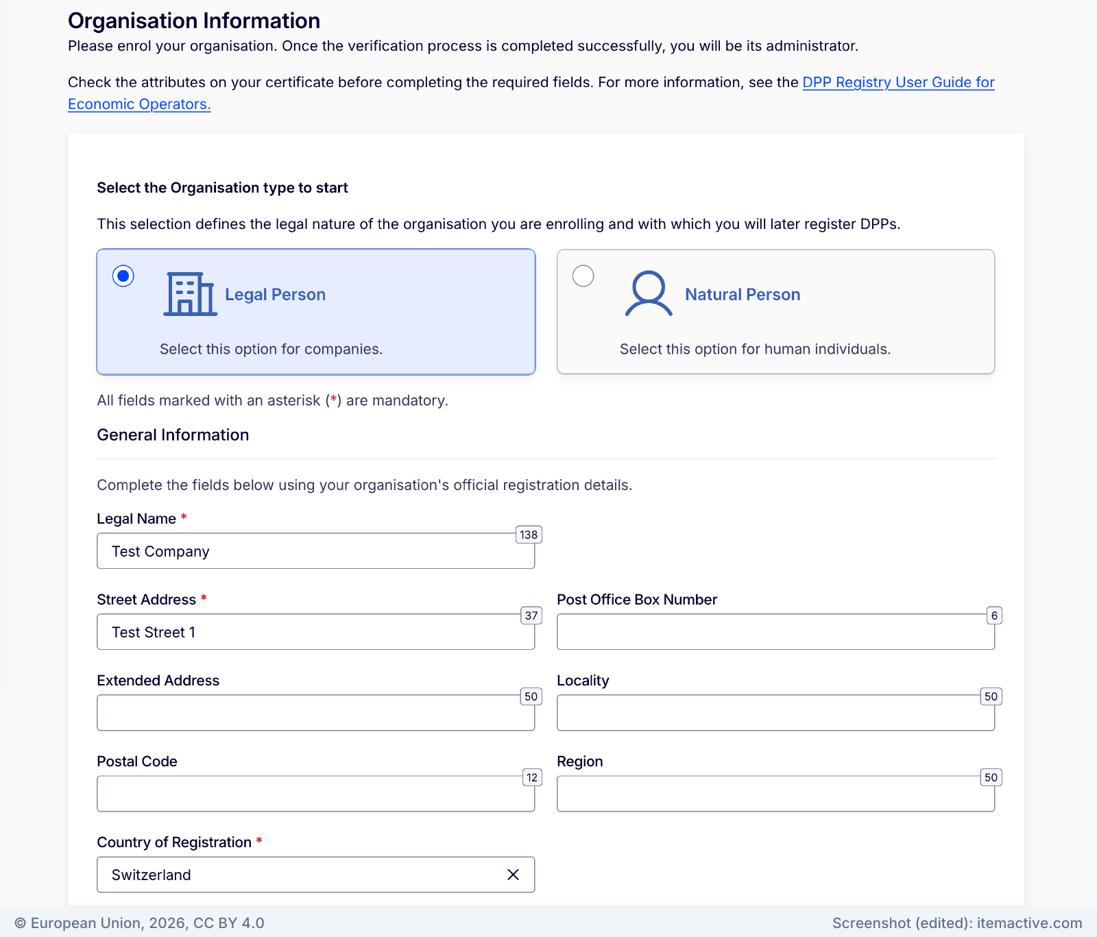 Organisation Information form with Legal Person selected and the legal address fields, including country of registration