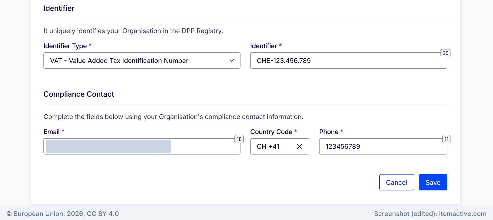 Identifier section with type VAT and a Swiss VAT number, followed by the compliance contact fields