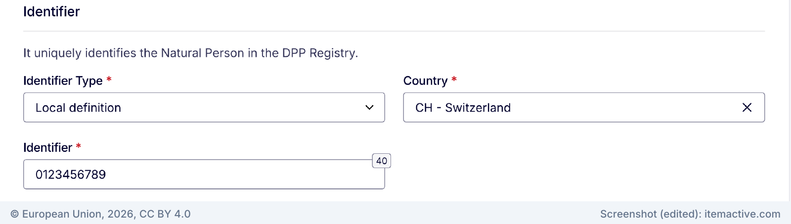Identifier section for a natural person with the type Local definition and an additional Country field
