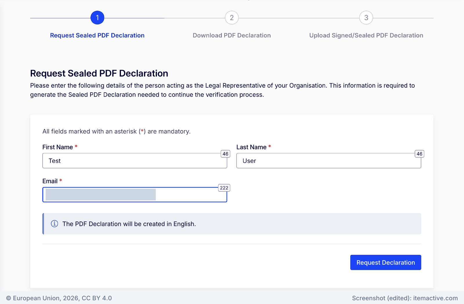 Verification step 1 Request Sealed PDF Declaration with fields for the legal representative's first name, last name and email