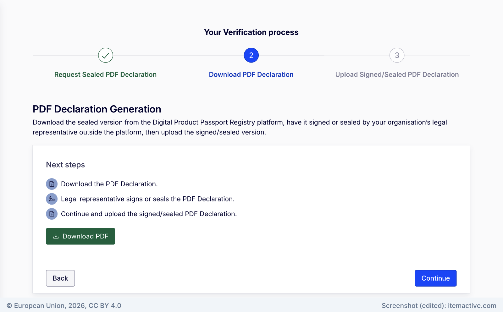 Verification step 2 PDF Declaration Generation with next steps and a Download PDF button