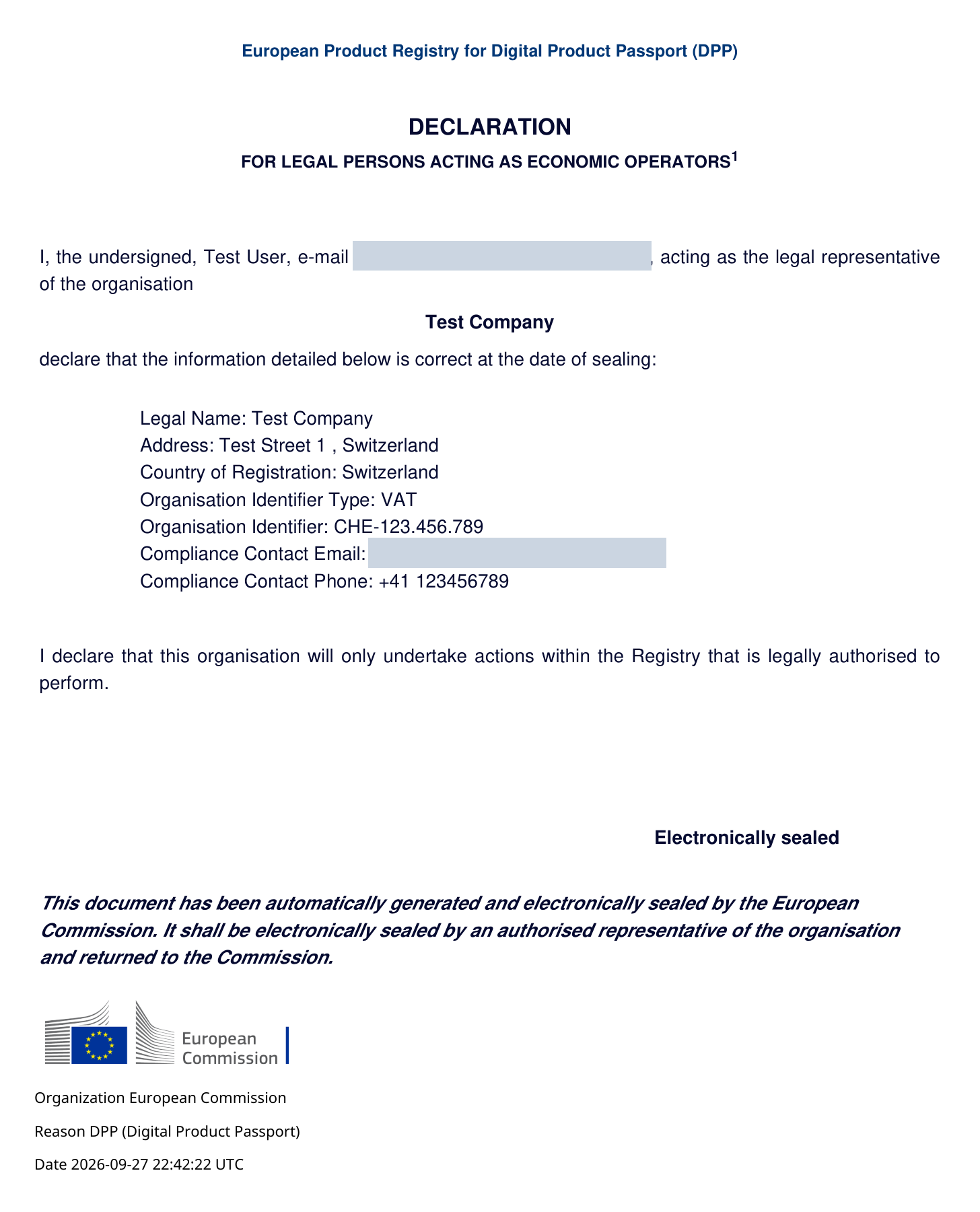 PDF declaration for a legal person listing the organisation details, sealed by the European Commission