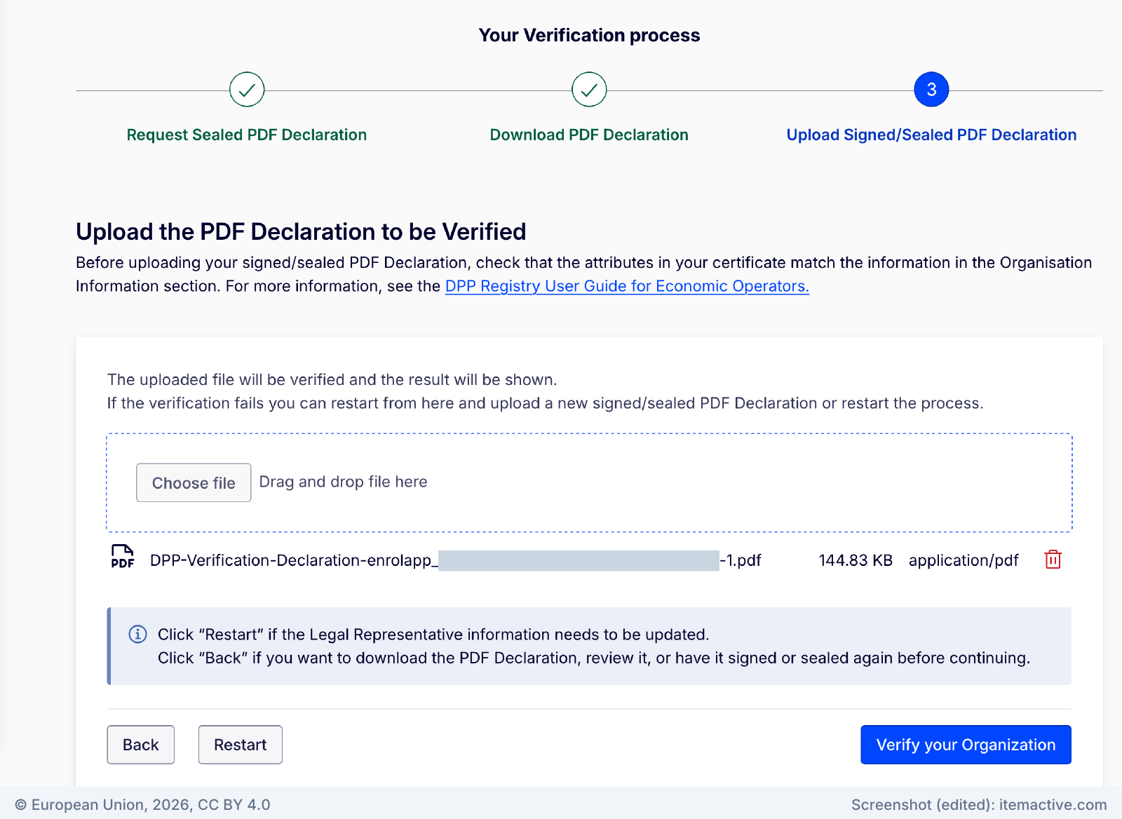 Upload step of the verification wizard with an uploaded PDF and the Verify your Organization button