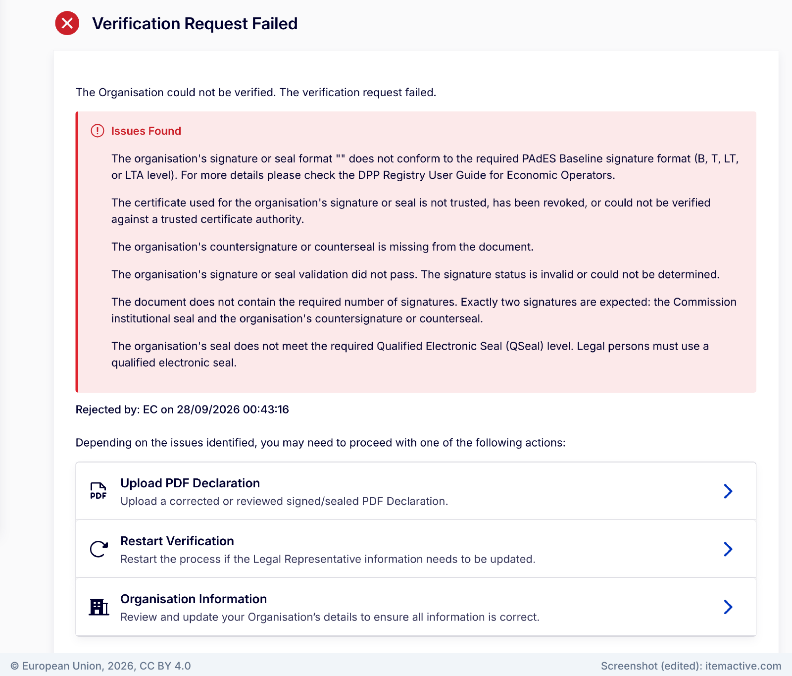 Verification Request Failed page listing six issues, including missing countersignature and no qualified seal